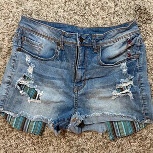 Wild Pearl Distressed Frayed Edge High-Waist Colorful Pockets Denim Shorts